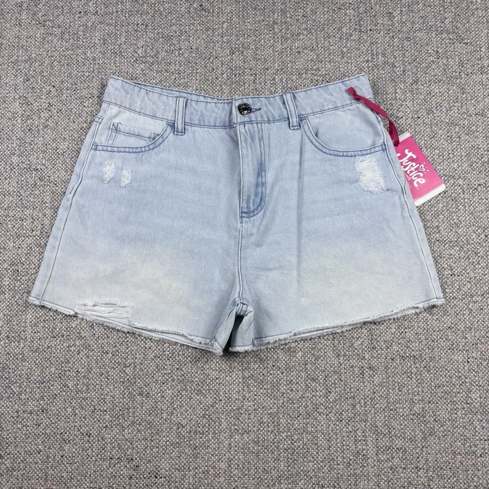 Justice Girls Mini Mom Denim Jean Shorts Distressed Washed Blue Sz 18